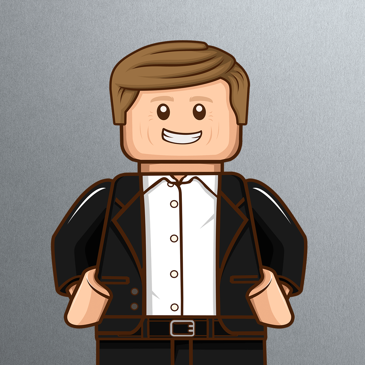 A smiling LEGO-style figure with light skin, side-parted brown hair, a black suit, white dress shirt, and a black belt, standing against a plain gray background.