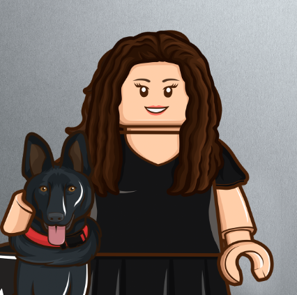 Long-haired woman happily holding a LEGO figure dog.