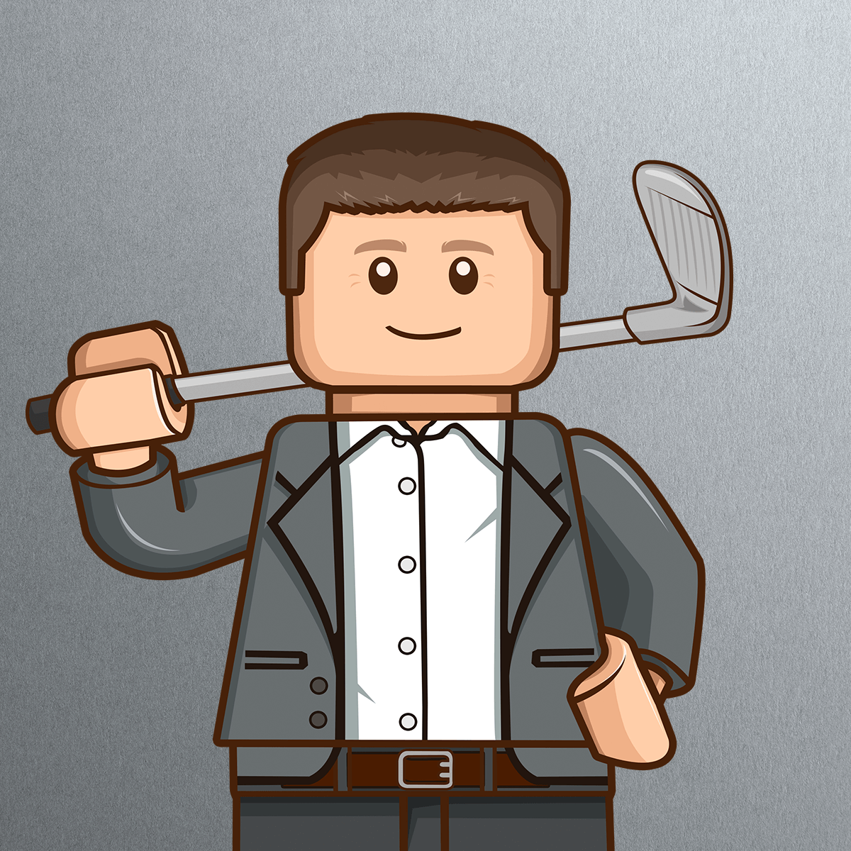 Cartoon figure resembling a toy block character in a gray suit and white shirt, smiling, holding a golf club over its shoulder against a gray background—styled after Tracy Deuell’s playful designs.