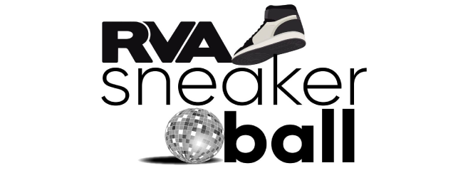 black and white sneaker ball logo with sneaker stepping on disco ball.