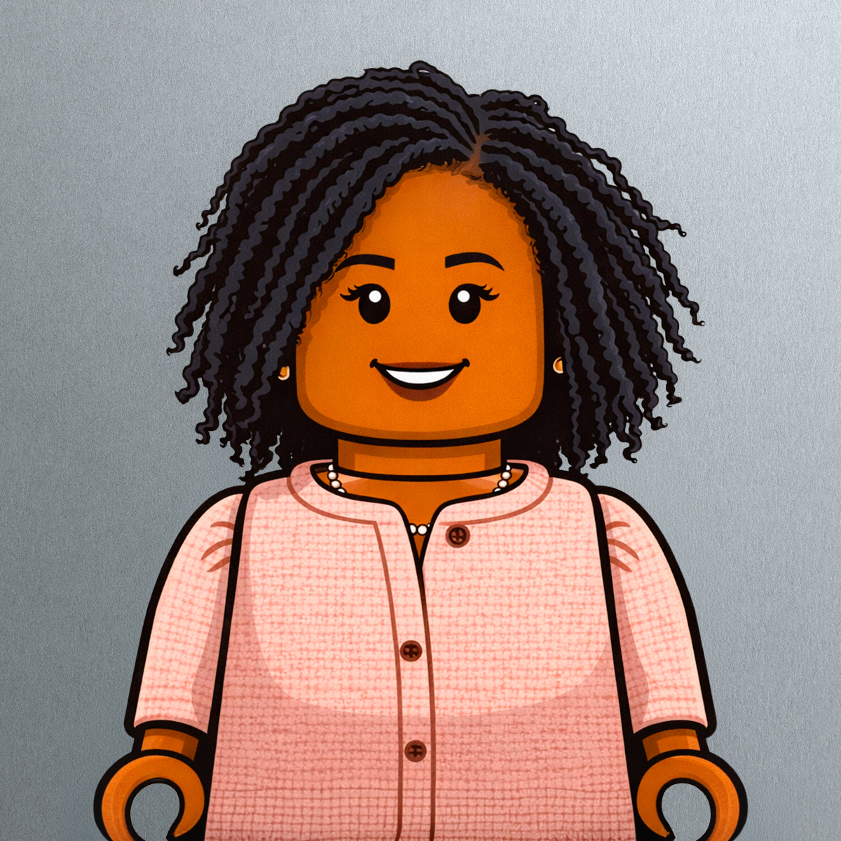 A LEGO-style figure inspired by Kindal White, with medium brown skin, curly black hair, and a big smile wears a light pink, textured button-up top against a plain gray background.