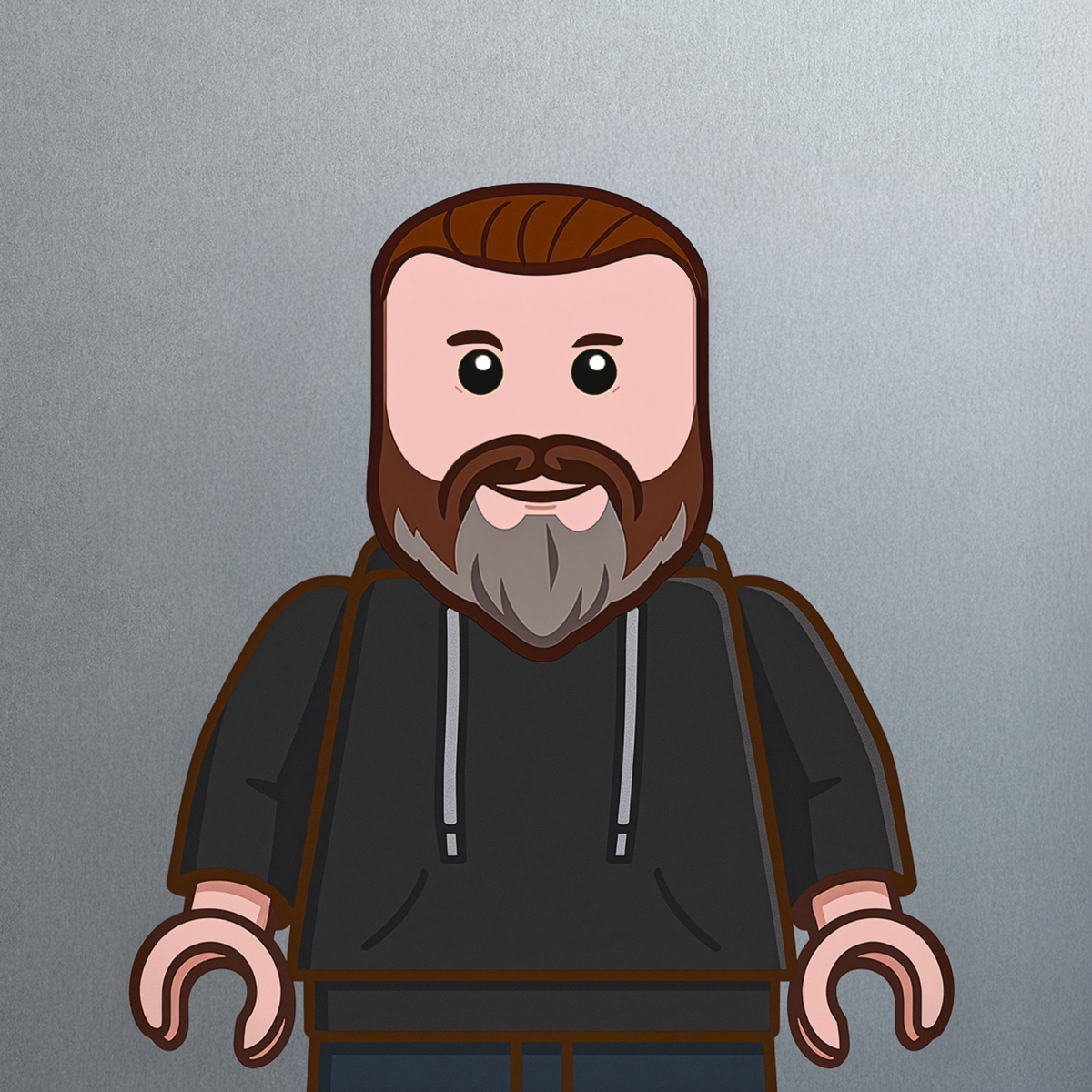 Illustration of a LEGO-style figure resembling Charles Collier, with brown hair, a full beard and mustache, dressed in a black hoodie and dark pants, standing against a gray background.