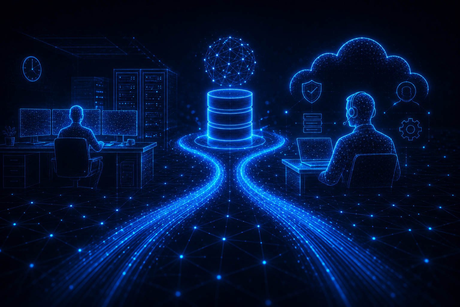 Database monitoring dashboard with 24/7 support concept