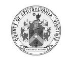 Black and white seal of Spotsylvania County, Virginia, featuring a shield with symbols, decorative leaves, a bird on top, and a banner below with the Latin phrase PATIOR UT POTIAR.