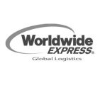 Logo for Worldwide Express with the words Worldwide EXPRESS in bold letters, a swoosh arc above the text, and Global Logistics written below in smaller font. The image is in black and white.