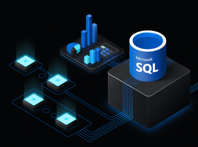 A digital illustration of a SQL Server database cylinder connected to data blocks and a bar chart, representing data storage and analytics, all on a dark background with blue glowing lines.