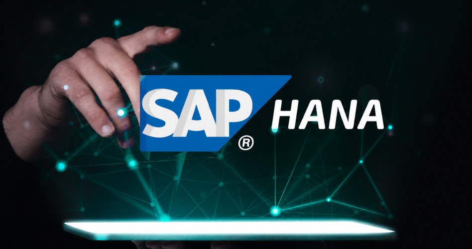 A hand points at a glowing tablet displaying the SAP HANA logo, with a digital network of connected lines and dots in the background.