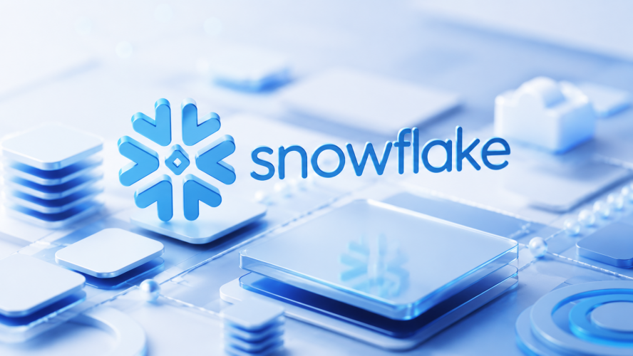 The image features the Snowflake logo, a blue snowflake icon next to the word snowflake, set against a futuristic, abstract background of blue and white 3D geometric shapes.