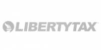 The image shows the Liberty Tax logo in gray, featuring a stylized image of the Statue of Libertys torch inside a circle to the left of the text.