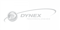 Dynex Technologies logo featuring a circular emblem with a stylized D on the left and the words DYNEX TECHNOLOGIES to the right, with a swoosh line curving above the text.