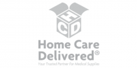 Gray logo showing an open box with the letters “HCD” inside. Below, the text reads “Home Care Delivered” and “Your Trusted Partner For Medical Supplies.”.