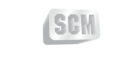 A white rectangular 3D logo with the letters SCM in bold, uppercase font, casting a shadow on a plain white background—perfect for logistics and distribution branding.