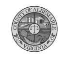 Black and white seal of Albemarle County, Virginia, featuring images of books, a building with columns, scales of justice, a tree, a horse, and decorative dogwood flowers. Text reads County of Albemarle Virginia.
