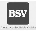 Logo with white letters BSV inside a dark gray square, with the text The Bank of Southside Virginia written below in black on a white background.