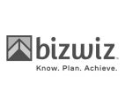 Logo for bizwiz featuring a geometric square symbol with upward arrows on the left, and the tagline Know. Plan. Achieve. written below the brand name in gray text.