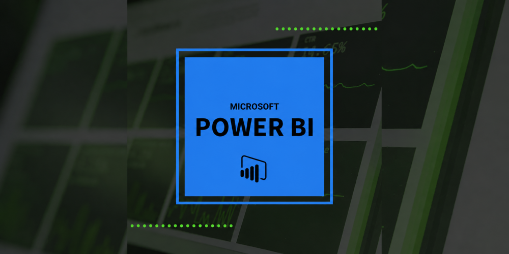 A blue square with the text Microsoft Power BI and a Power BI icon is centered over a blurred background of data charts and graphs on a screen.