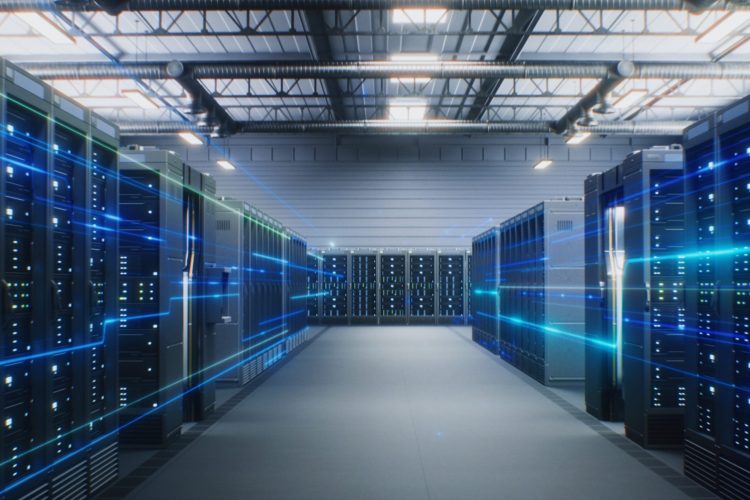 A modern server room with rows of server racks on both sides. Blue digital lines and glowing lights illustrate data flow, connectivity, and advanced Data Management in this high-tech environment.